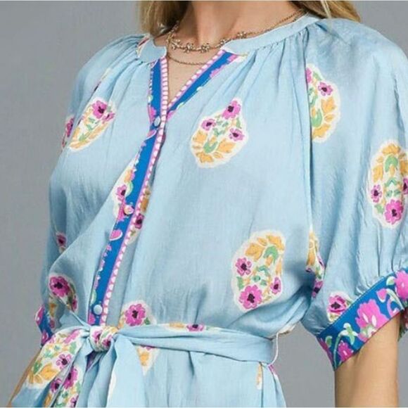 Umgee Floral Print Tie Waist Short Sleeve Dress Blue Dress sz Medium - Picture 5 of 7